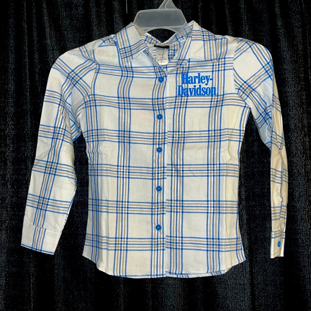 Girls Harley-Davidson Long Sleeve Flanel Button Down White/ Blue w Silver Lurex